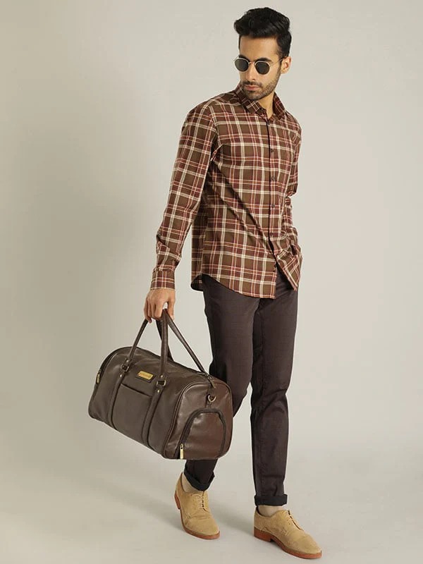 Indian Terrain Men's Slim Fit Checkered Brown Trousers